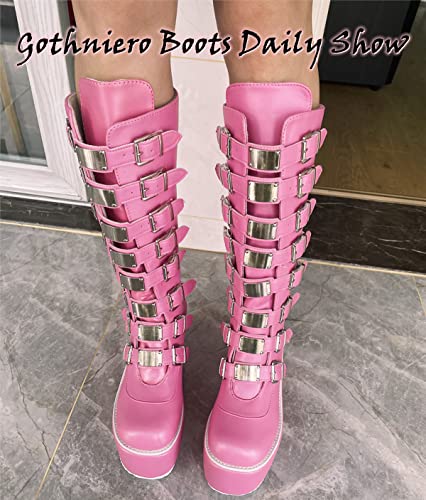 Gothniero Platform Boots Pink Goth Boots Chunky Heel Gothic Holographic Booties Knee High Women Combat Motorcycle Boots with Buckles Size 5-11