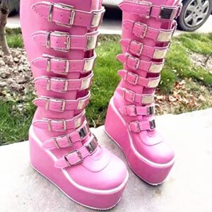 Gothniero Platform Boots Pink Goth Boots Chunky Heel Gothic Holographic Booties Knee High Women Combat Motorcycle Boots with Buckles Size 5-11