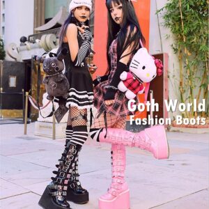 Gothniero Platform Boots Pink Goth Boots Chunky Heel Gothic Holographic Booties Knee High Women Combat Motorcycle Boots with Buckles Size 5-11