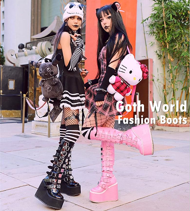 Gothniero Platform Boots Pink Goth Boots Chunky Heel Gothic Holographic Booties Knee High Women Combat Motorcycle Boots with Buckles Size 5-11