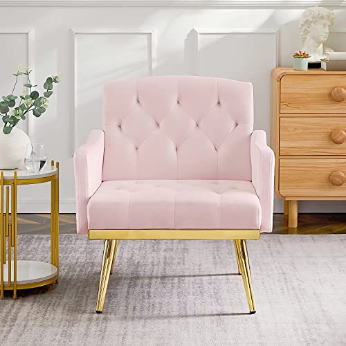 Keainvren Velvet Accent Sofa Chair,Modern Armchair Tufted Upholstered Reading Chair with Pocket for Living Room,Bedroom,Office,Lounge,Reception Room (Pink-Velvet)