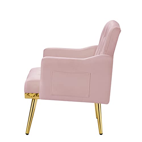 Keainvren Velvet Accent Sofa Chair,Modern Armchair Tufted Upholstered Reading Chair with Pocket for Living Room,Bedroom,Office,Lounge,Reception Room (Pink-Velvet)