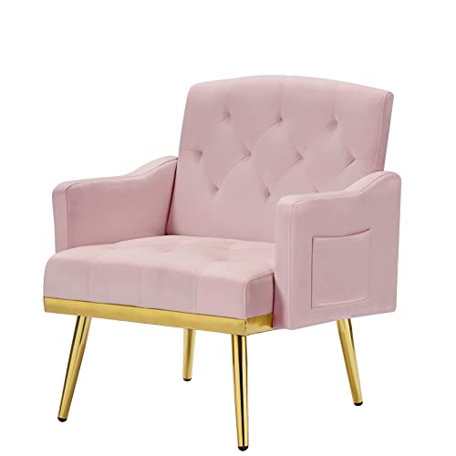 Keainvren Velvet Accent Sofa Chair,Modern Armchair Tufted Upholstered Reading Chair with Pocket for Living Room,Bedroom,Office,Lounge,Reception Room (Pink-Velvet)