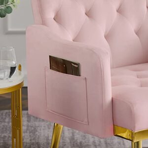 Keainvren Velvet Accent Sofa Chair,Modern Armchair Tufted Upholstered Reading Chair with Pocket for Living Room,Bedroom,Office,Lounge,Reception Room (Pink-Velvet)