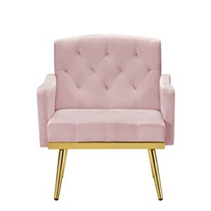 Keainvren Velvet Accent Sofa Chair,Modern Armchair Tufted Upholstered Reading Chair with Pocket for Living Room,Bedroom,Office,Lounge,Reception Room (Pink-Velvet)