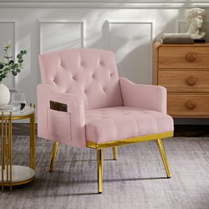 Keainvren Velvet Accent Sofa Chair,Modern Armchair Tufted Upholstered Reading Chair with Pocket for Living Room,Bedroom,Office,Lounge,Reception Room (Pink-Velvet)