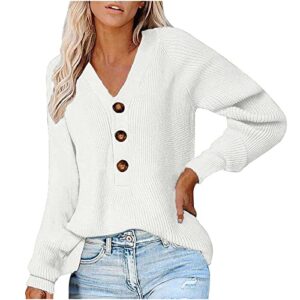womens ribbed knit sweaters long sleeve button down v neck pullover tops casual loose plain jumper fall winter white