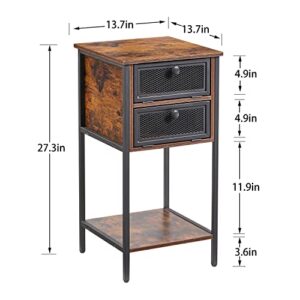 VECELO Tall End Side Table, 27.3''Nightstands Storage Shelf, 2 Set Sturdy Steel Frame for Bedroom, Living Room, Industrial Design,Rustic Brown, 2 Drawers