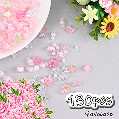 sjavocado 130pcs Acrylic Assorted Beads Flower Heart Butterfly Candy Beads Pastel Loose Beads Round Beads Bulk for Bracelets Jewelry Making DIY Plastic Crafts(Pink)