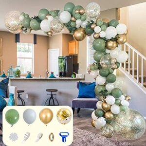 chanfo pola sage green balloon garland arch kit 18" 12" 10" 5" different sizes, oh baby shower olive green balloons white metallic gold confetti balloons for party birthday decorations