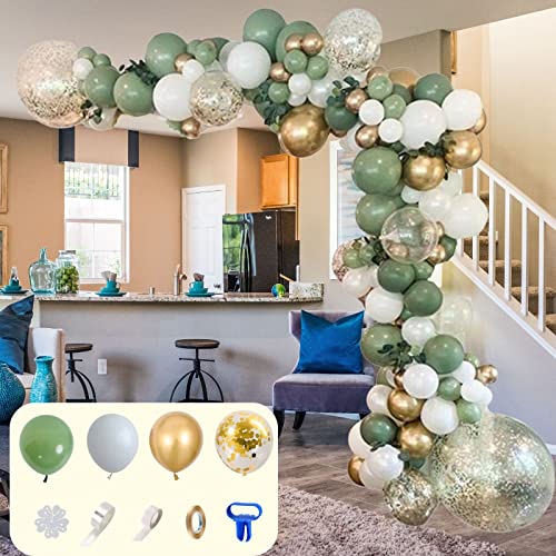 Chanfo Pola Sage Green Balloon Garland Arch Kit 18" 12" 10" 5" Different Sizes, Oh Baby Shower Olive Green Balloons White Metallic Gold Confetti Balloons for Party Birthday Decorations