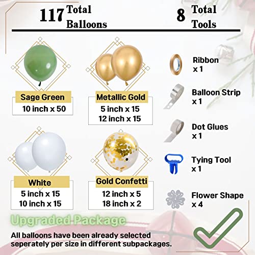 Chanfo Pola Sage Green Balloon Garland Arch Kit 18" 12" 10" 5" Different Sizes, Oh Baby Shower Olive Green Balloons White Metallic Gold Confetti Balloons for Party Birthday Decorations