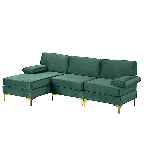 Casa Andrea Milano Modern Sectional Sofa L Shaped Velvet Couch, with Extra Wide Chaise Lounge and Gold Legs, Green