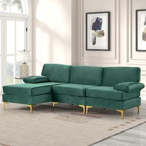 Casa Andrea Milano Modern Sectional Sofa L Shaped Velvet Couch, with Extra Wide Chaise Lounge and Gold Legs, Green