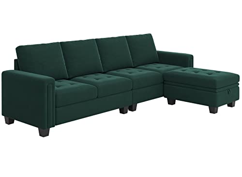 Belffin Velvet Reversible Sectional Sofa with Chasie Convertible Couch Storage Ottoman L Shaped 4-seat Green