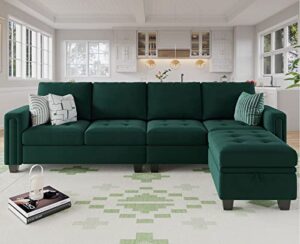 belffin velvet reversible sectional sofa with chasie convertible couch storage ottoman l shaped 4-seat green