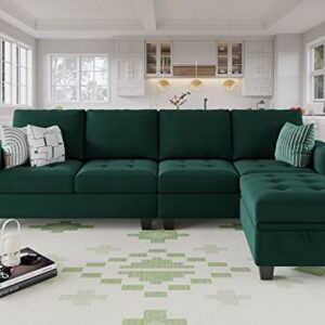 Belffin Velvet Reversible Sectional Sofa with Chasie Convertible Couch Storage Ottoman L Shaped 4-seat Green