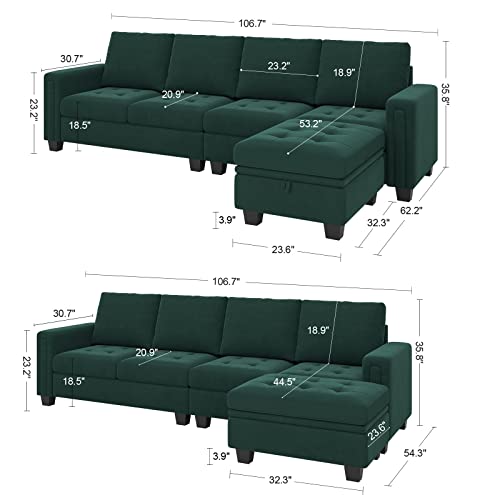 Belffin Velvet Reversible Sectional Sofa with Chasie Convertible Couch Storage Ottoman L Shaped 4-seat Green
