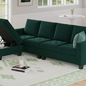 Belffin Velvet Reversible Sectional Sofa with Chasie Convertible Couch Storage Ottoman L Shaped 4-seat Green