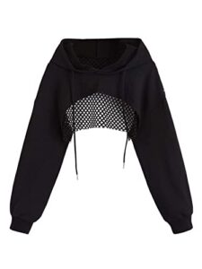 verdusa women's hollow out fishnet long sleeve drawstring hoodie super crop sweatshirt black l