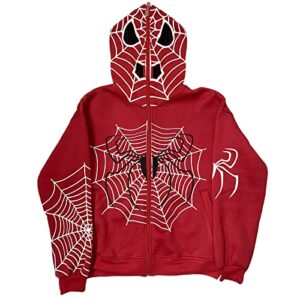 Women Vintage Print Oversized Hoodie Sweatshirt Grunge Graphic Zip Front Jacket Coat Plus Size Y2k Hooded Clubwear(spider web red,L)