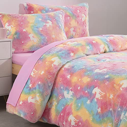 HOMBYS Glow in The Dark Comforter Set 5 Piece Twin/Twin XL with Sheets, Pink Velvet Bedding Comforter Sets for Twin Bed, Ultra Soft Down Alternative Comforter for Teenage Girls Kids, Bed in a Bag