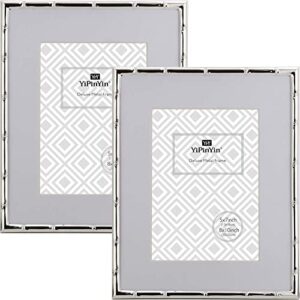 8x10'' bamboo detail designs silver metal picture frame with mat for 5x7'' set of 2, narrow silver plated photo frames 5 x7'' with soft touch velvet backing for desktop and wall décor(silver)