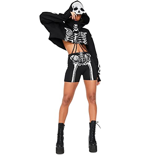 RARITYUS Women Gothic Reflective Skeleton Hoodie Crop Top Iron Chain Bandage Long Sleeve Pullover Sweatshirt for Rave Halloween Costume