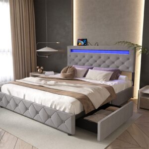 fushimuma queen led bed frame with drawers, upholstered platform bed frame with adjustable button tufted headboard and 2 usb ports, solid wooden slats support, no box spring needed, light grey