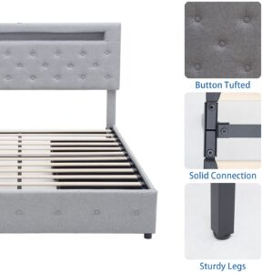 Fushimuma Queen LED Bed Frame with Drawers, Upholstered Platform Bed Frame with Adjustable Button Tufted Headboard and 2 USB Ports, Solid Wooden Slats Support, No Box Spring Needed, Light Grey