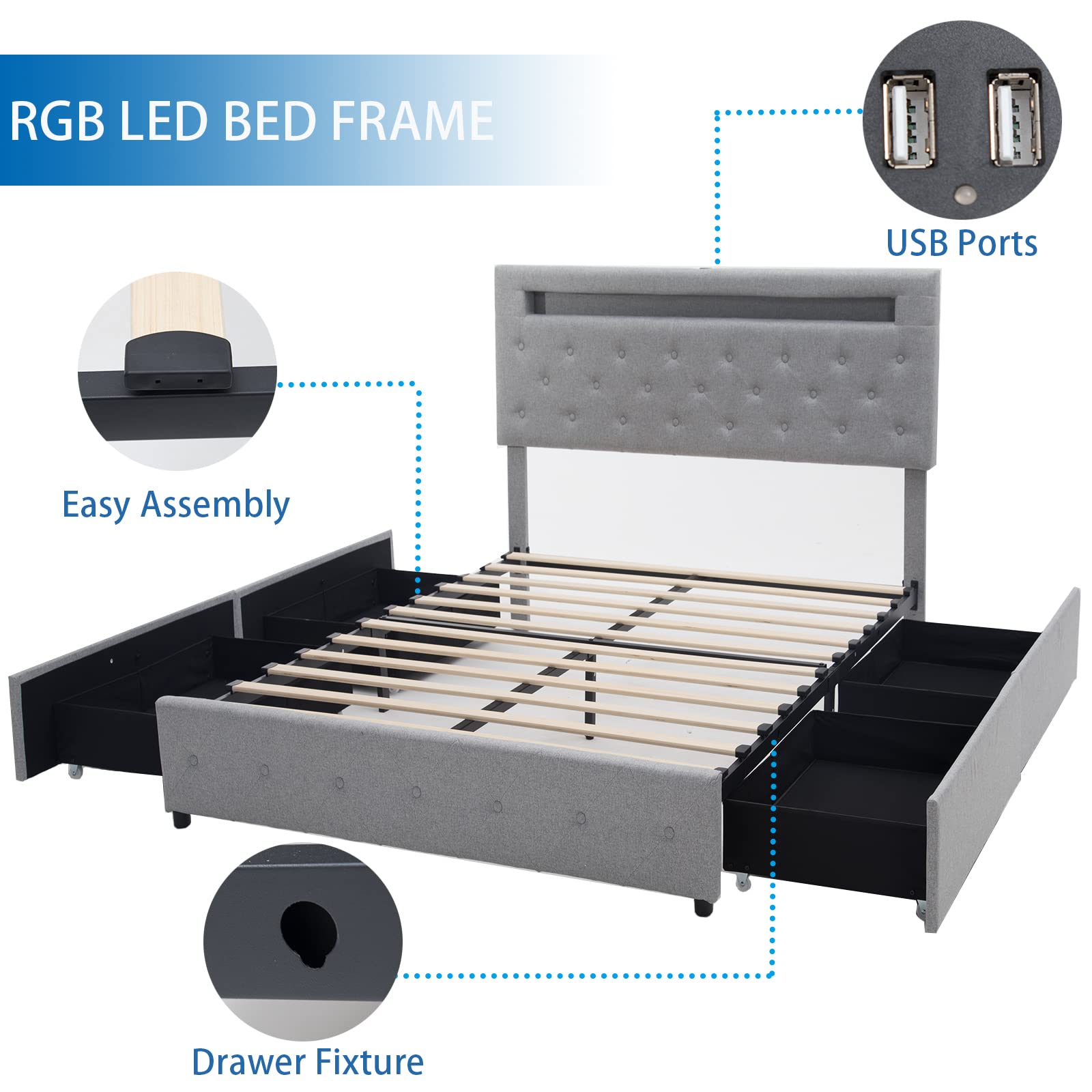 Fushimuma Queen LED Bed Frame with Drawers, Upholstered Platform Bed Frame with Adjustable Button Tufted Headboard and 2 USB Ports, Solid Wooden Slats Support, No Box Spring Needed, Light Grey