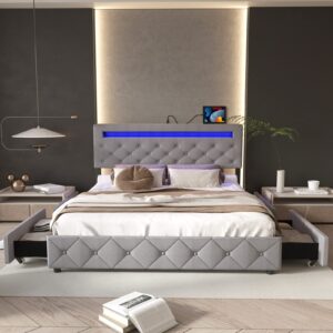 Fushimuma Queen LED Bed Frame with Drawers, Upholstered Platform Bed Frame with Adjustable Button Tufted Headboard and 2 USB Ports, Solid Wooden Slats Support, No Box Spring Needed, Light Grey