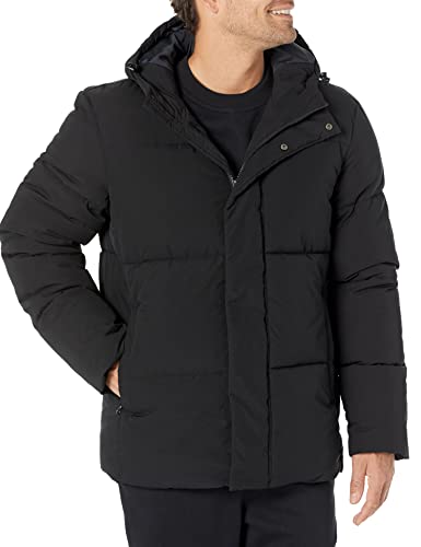 Amazon Essentials Men's Recycled Polyester Mid-Length Hooded Puffer (Available in Big & Tall), Black, Large