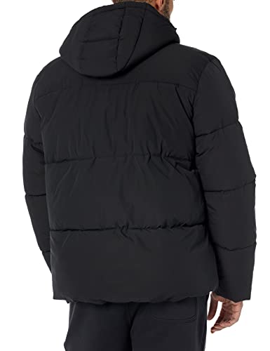 Amazon Essentials Men's Recycled Polyester Mid-Length Hooded Puffer (Available in Big & Tall), Black, Large