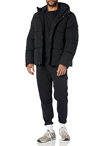 Amazon Essentials Men's Recycled Polyester Mid-Length Hooded Puffer (Available in Big & Tall), Black, Large