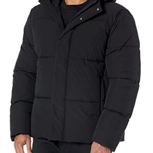 Amazon Essentials Men's Recycled Polyester Mid-Length Hooded Puffer (Available in Big & Tall), Black, Large