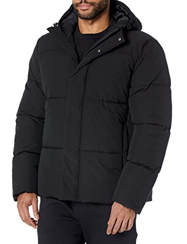 Amazon Essentials Men's Recycled Polyester Mid-Length Hooded Puffer (Available in Big & Tall), Black, Large