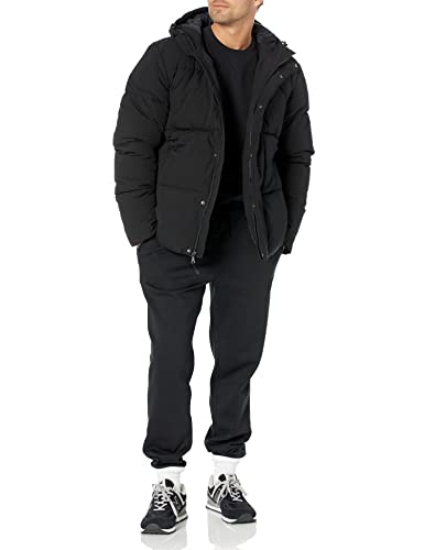 Amazon Essentials Men's Recycled Polyester Mid-Length Hooded Puffer (Available in Big & Tall), Black, Large