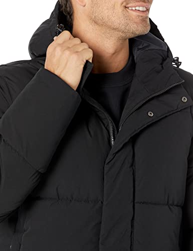 Amazon Essentials Men's Recycled Polyester Mid-Length Hooded Puffer (Available in Big & Tall), Black, Large