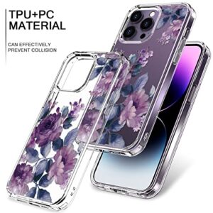 bicol Hybrid iPhone 14 Pro Case Clear Fashion Designs Phone Cover for Women Girls, Stylish Slim Shockproof Hard PC+TPU Bumper Flower Protective Phone Case for iPhone 14 Pro 6.1 inch Purple Flowers