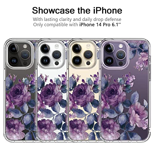 bicol Hybrid iPhone 14 Pro Case Clear Fashion Designs Phone Cover for Women Girls, Stylish Slim Shockproof Hard PC+TPU Bumper Flower Protective Phone Case for iPhone 14 Pro 6.1 inch Purple Flowers