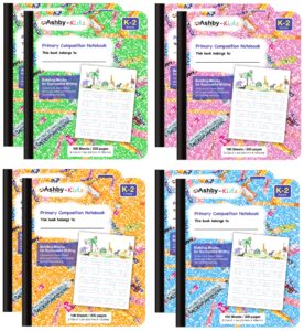 ashby for kids - 8 pack - primary composition notebooks (grades k-2) with stitched binding for durability - 4 fun marbled hardcover colors (2 each of blue, green, pink & orange), 100 sheets, book dimensions are 9.75" x 7.5".