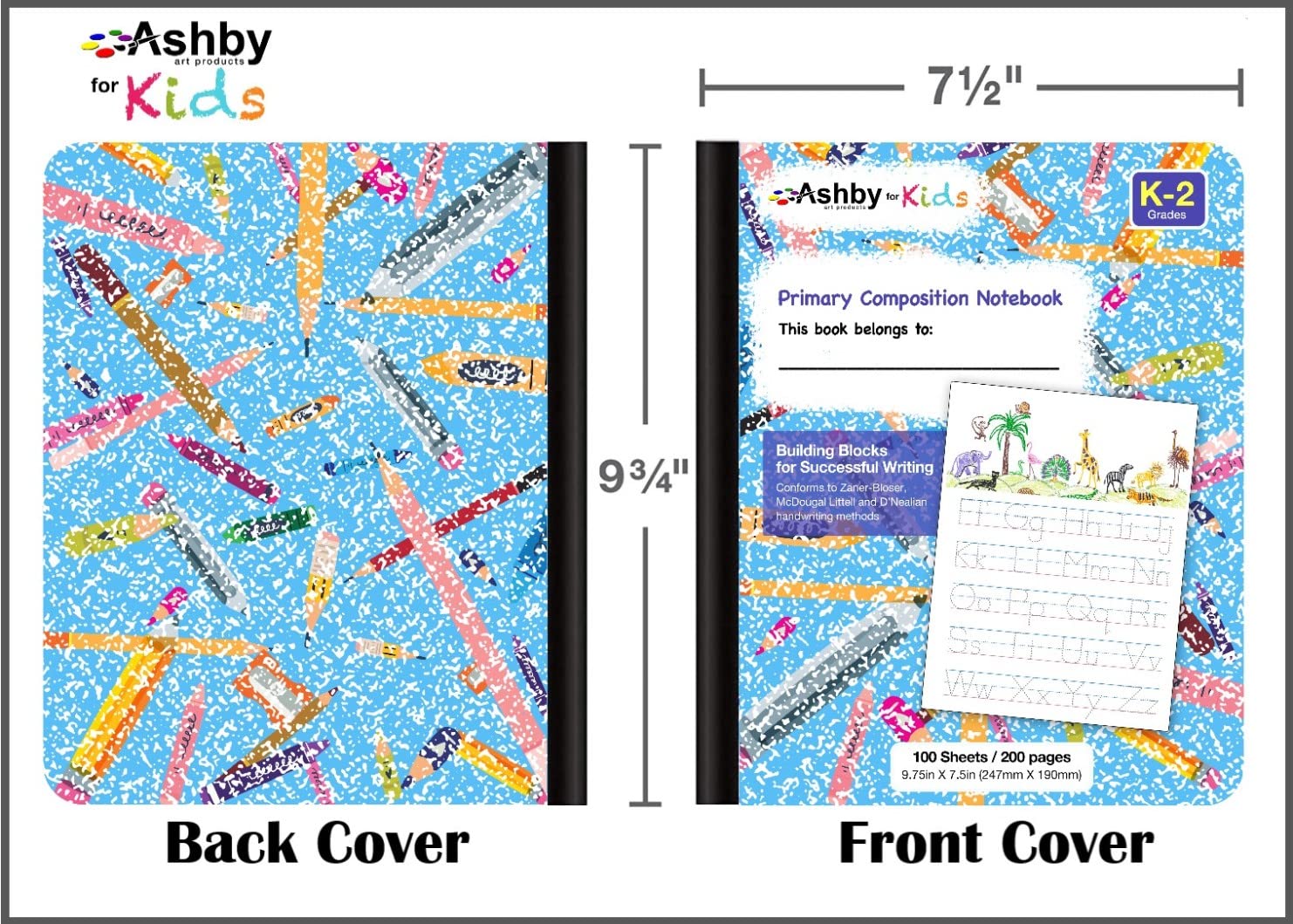 Ashby for Kids - 8 Pack - Primary Composition Notebooks (Grades K-2) with Stitched Binding for Durability - 4 Fun Marbled Hardcover Colors (2 Each of Blue, Green, Pink & Orange), 100 Sheets, Book Dimensions are 9.75" x 7.5".