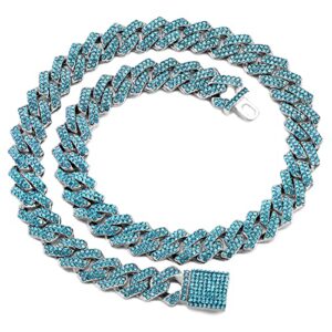 loumssiy silver plated bling miami cuban link chain for men women iced out miami cuban necklace diamond chain for men 14mm colorful hip hop jewelry (full blue-14mm, 18inch)