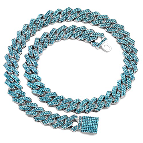 loumssiy Silver Plated Bling Miami Cuban Link Chain for Men Women Iced Out Miami Cuban Necklace Diamond Chain for Men 14mm Colorful Hip Hop Jewelry (Full Blue-14mm, 18inch)