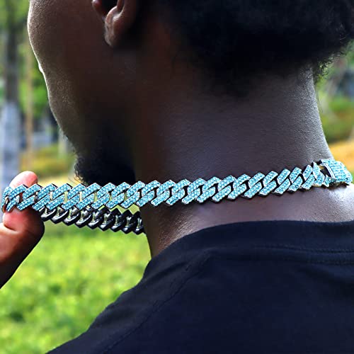 loumssiy Silver Plated Bling Miami Cuban Link Chain for Men Women Iced Out Miami Cuban Necklace Diamond Chain for Men 14mm Colorful Hip Hop Jewelry (Full Blue-14mm, 18inch)