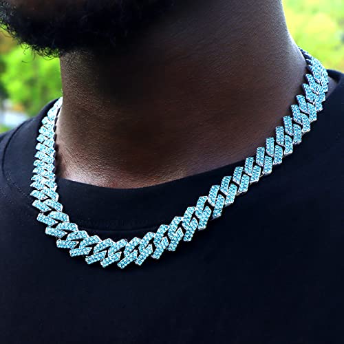 loumssiy Silver Plated Bling Miami Cuban Link Chain for Men Women Iced Out Miami Cuban Necklace Diamond Chain for Men 14mm Colorful Hip Hop Jewelry (Full Blue-14mm, 18inch)