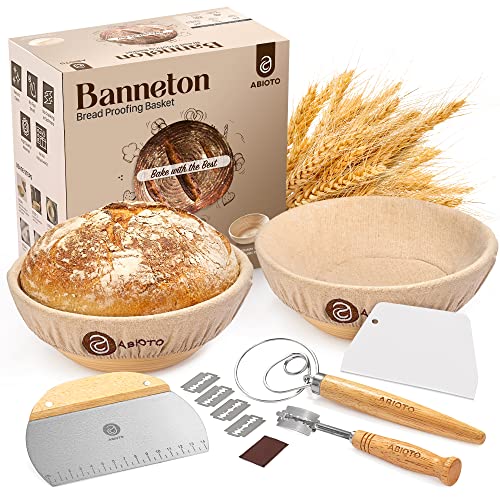 Sourdough Bread Proofing Baskets and Baking Supplies, A Complete Bread Making Kit Including Two 9" Round Bannetons, Bread Lame, Danish Whisk, Bowl & Dough Scrapers, and Linen Liners