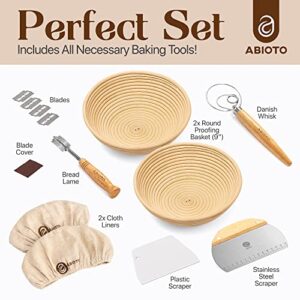 Sourdough Bread Proofing Baskets and Baking Supplies, A Complete Bread Making Kit Including Two 9" Round Bannetons, Bread Lame, Danish Whisk, Bowl & Dough Scrapers, and Linen Liners