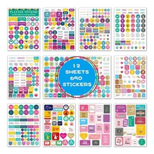 12 sheets (650 stickers) planner stickers for notes travel business trips parties daily holidays goals encouragement planning notes ideas